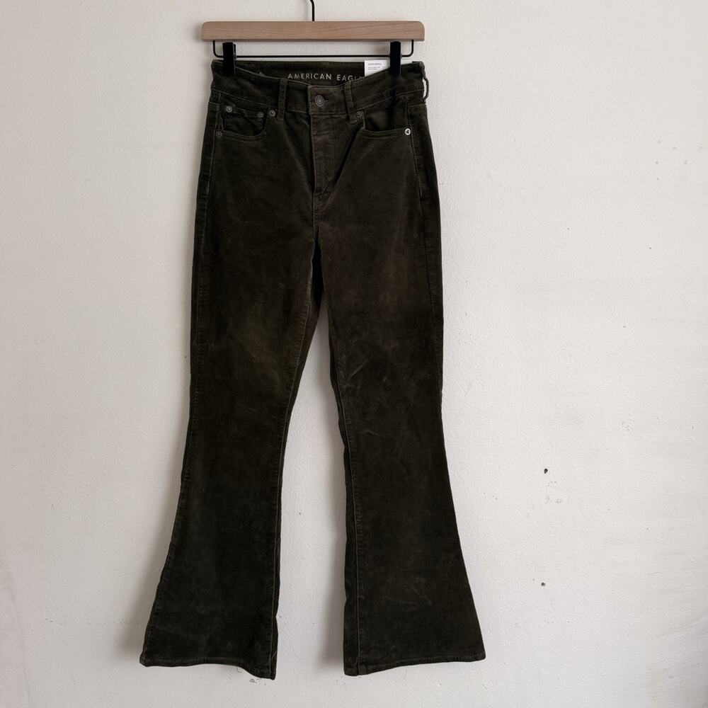 NWT American Eagle Super Hi-Rise Flare Corduroy Pants Size Olive Green 4 / 27